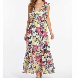 LC Lauren Conrad Floral Ruffle Midi Dress Pink Yellow Blue Open Tie Back Large